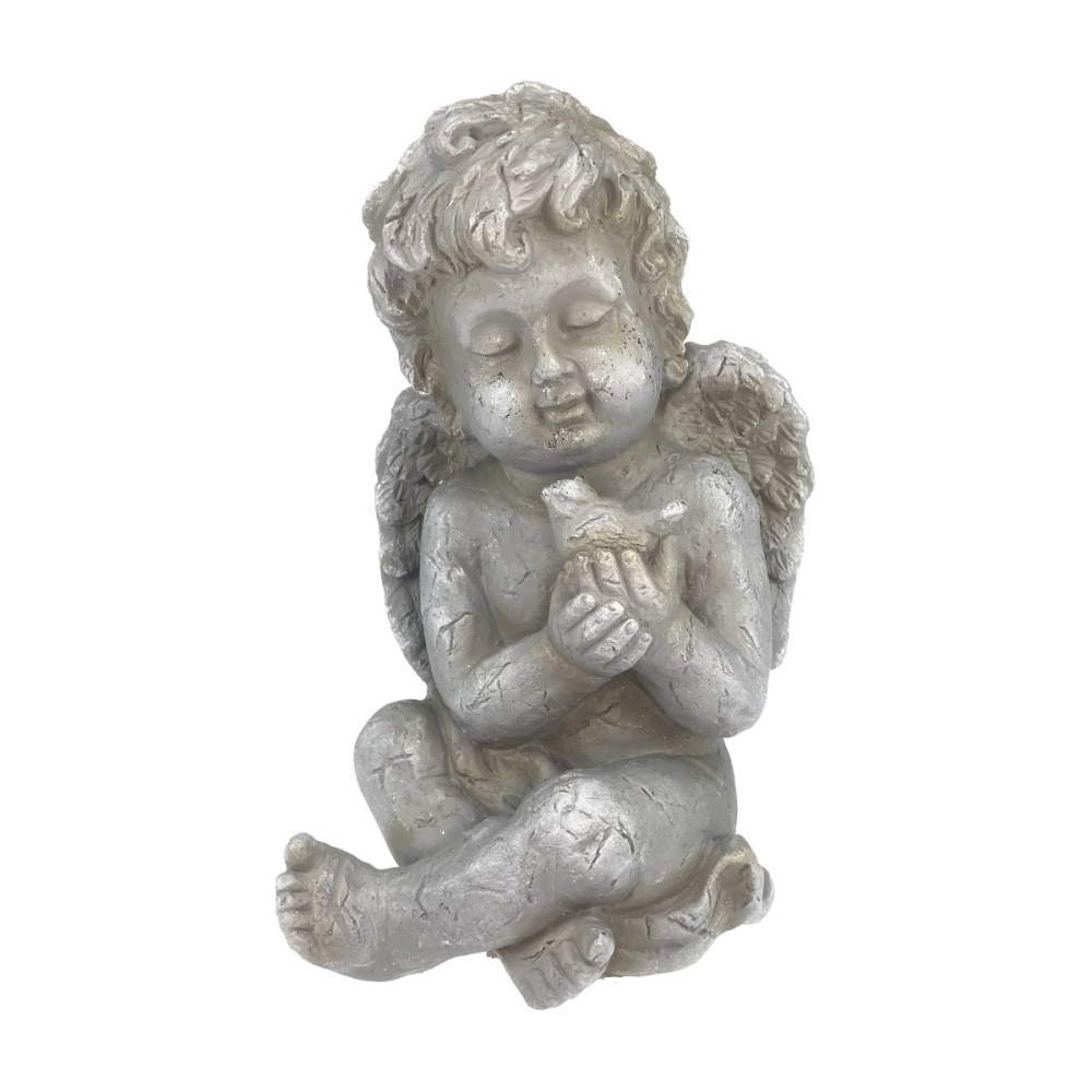Dekorační figurky postav - Anděl sedící s ptáčkem z magnesia šedý 36,5cm