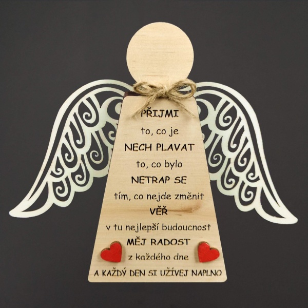 Dřevěné a proutěné dekorace - Anděl text PŘIJMI TO, CO JE dřevo přírodní 18x15cm