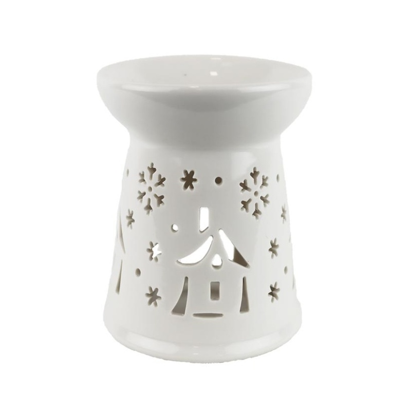 Aromalampy a vonné vosky - Aromalampa kulatá porcelánová s domem a vločkami bílá 13,5cm