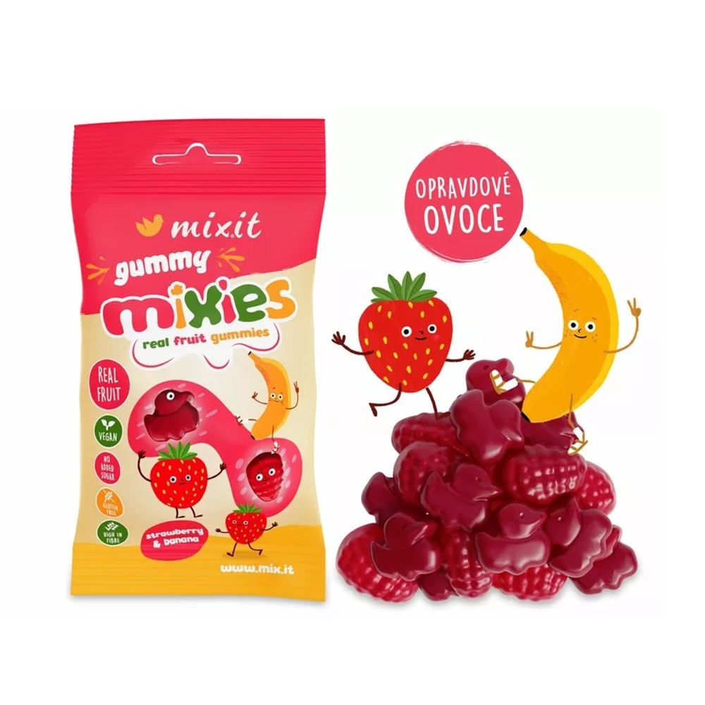 Mixit - Bonbony MIXIES ovocné želé jahoda & banán 35g