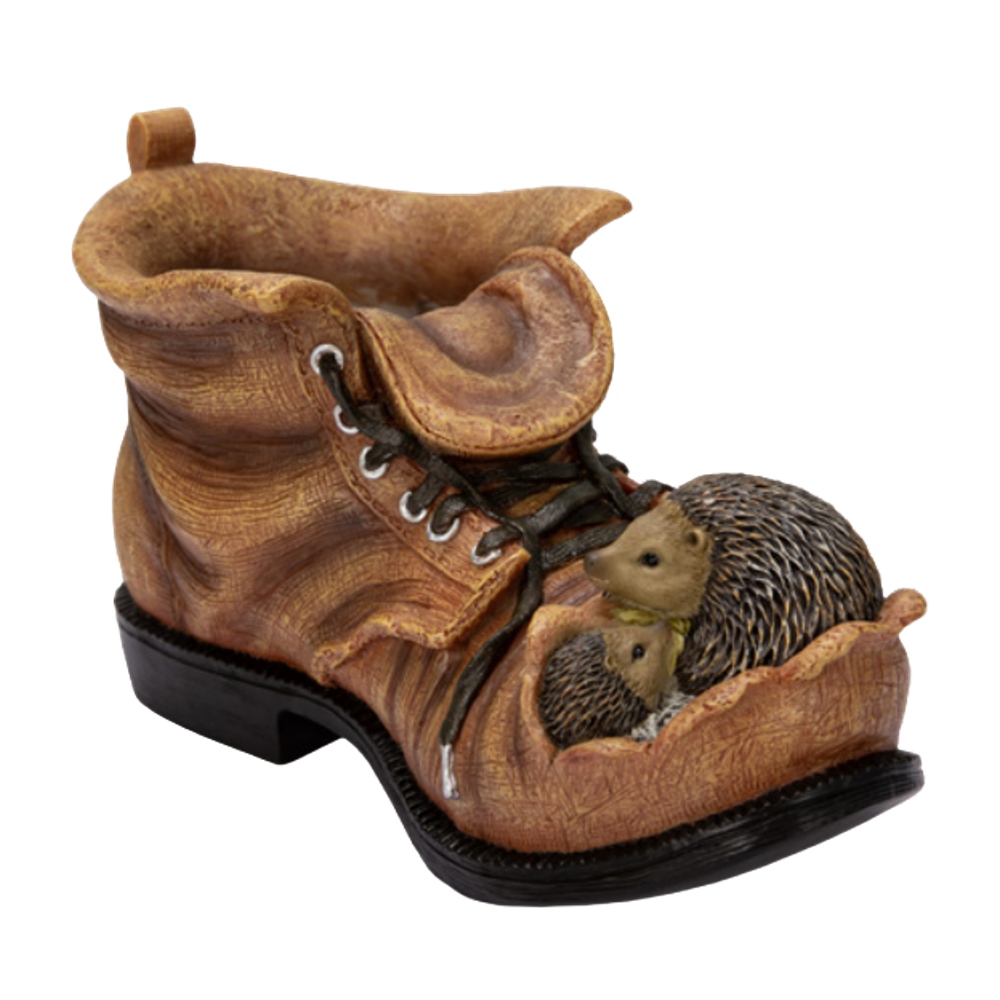 Dekorační figurky zvířat - Bota s ježky polyresinová 24cm