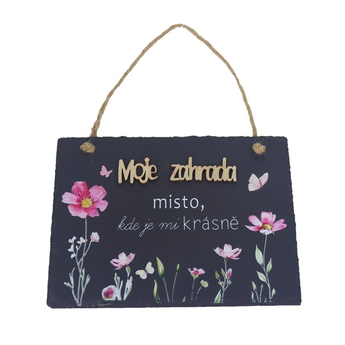 Drobné interiérové dekorace - Břidlicová cedule s nápisem MOJE ZAHRADA s květy 15x20cm