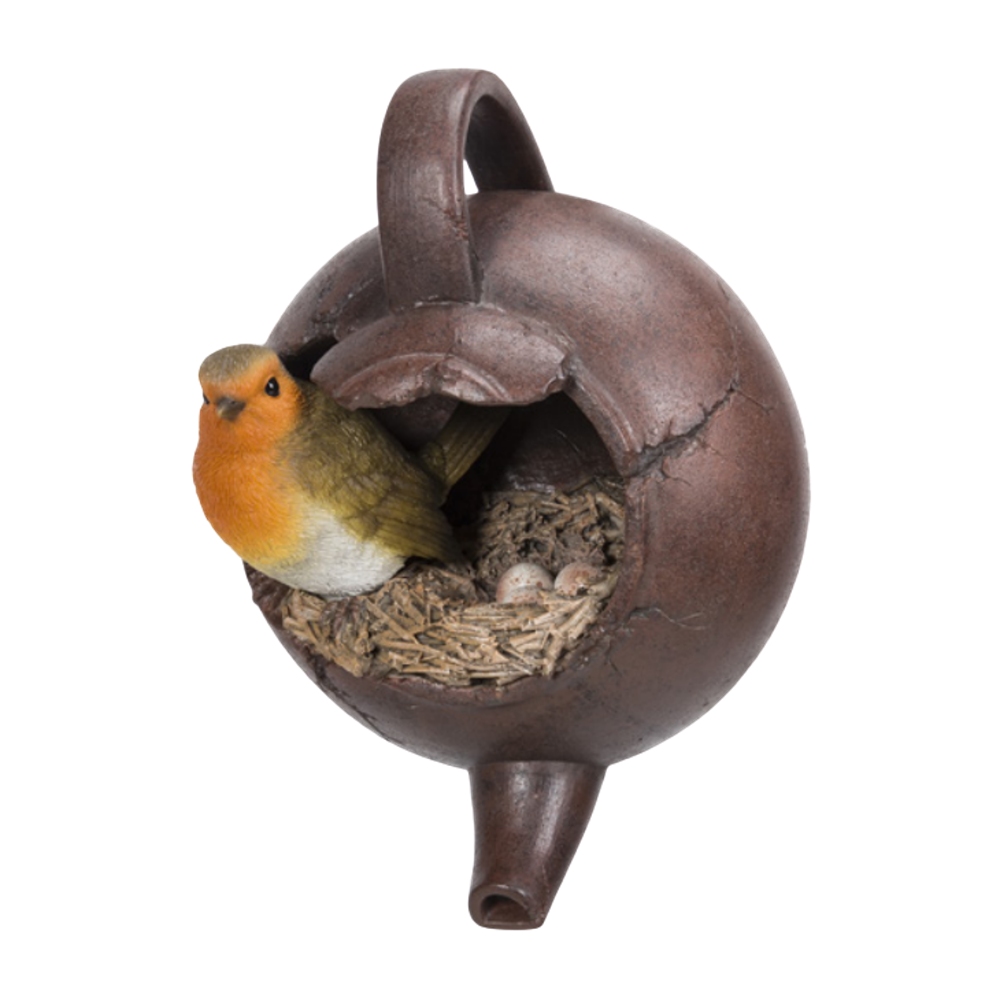 Dekorační figurky zvířat - Čajová konvice s červenkou obecnou polyresiová 22cm