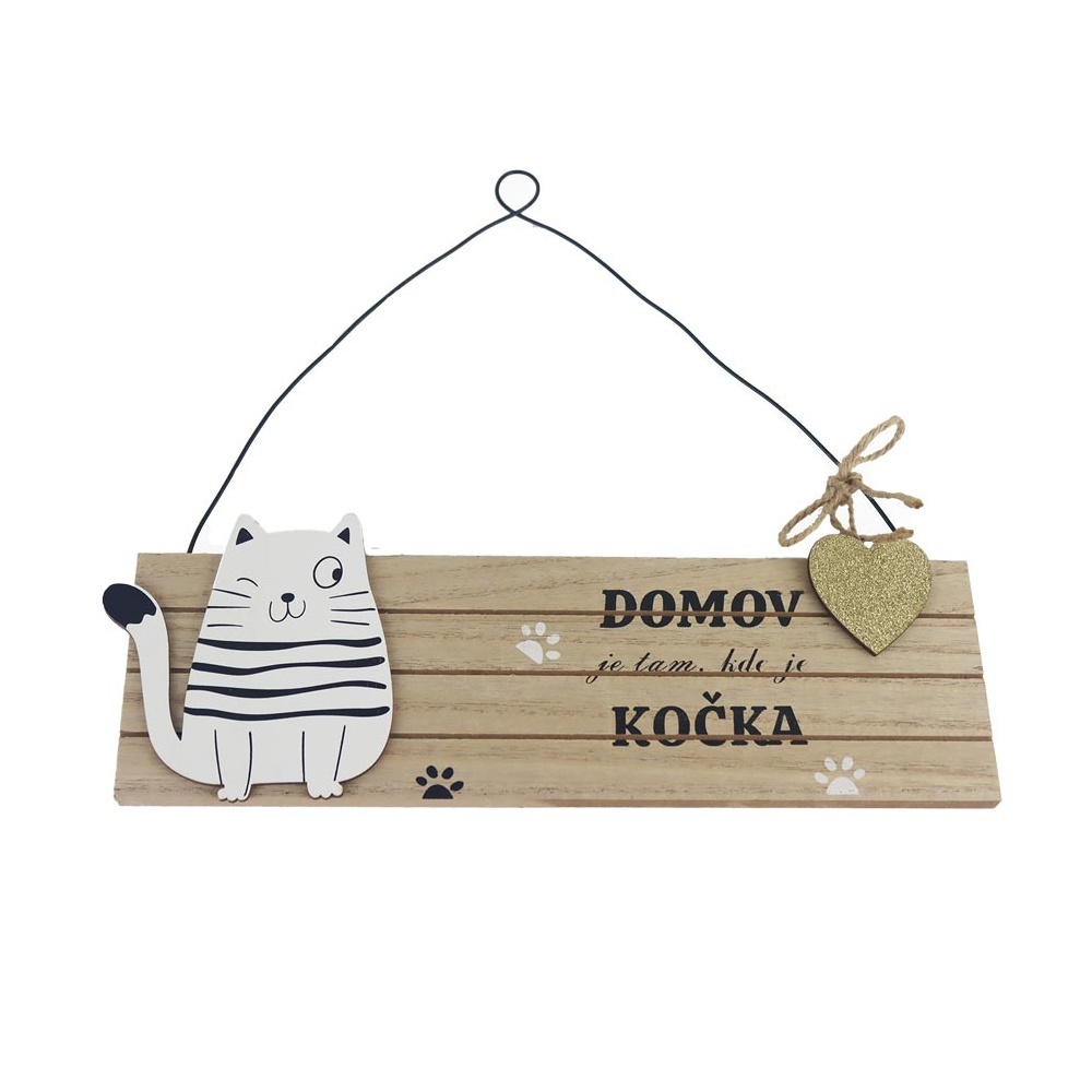 Dřevěné a proutěné dekorace - Cedule dřevěná DOMOV JE TAM KDE JE KOČKA s koškou 30cm