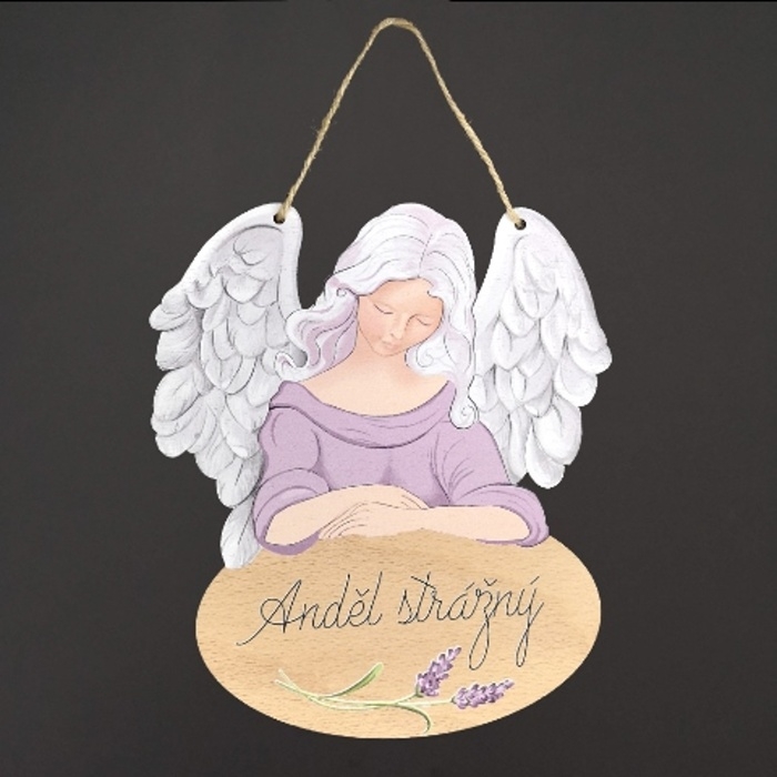Dřevěné a proutěné dekorace - Cedule dřevěný Anděl strážný s levandulí přírodní 21cm