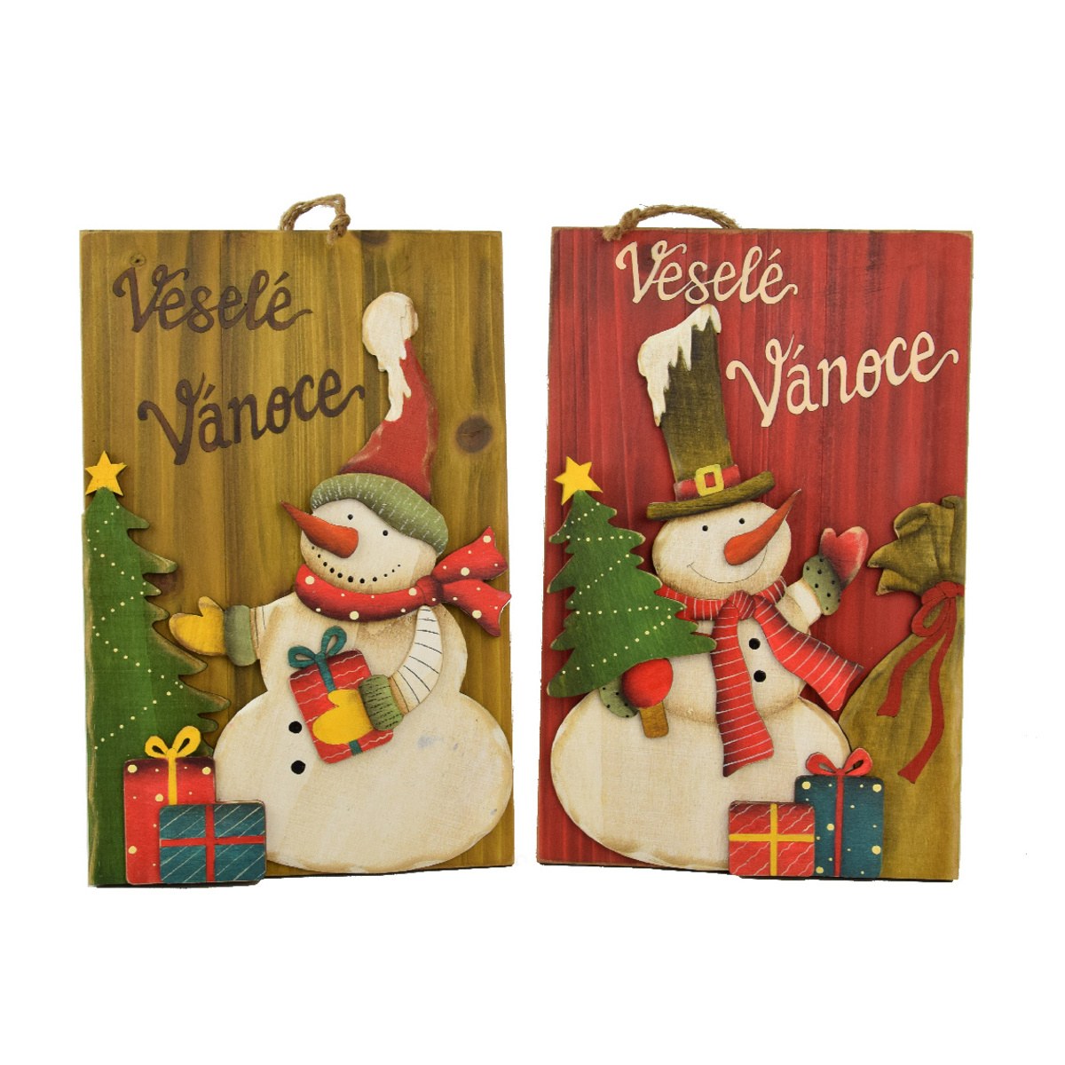 vánoční interíérové dekorace - Cedule VESELÉ VÁNOCE se sněhuláky z MDF mix 19x29cm