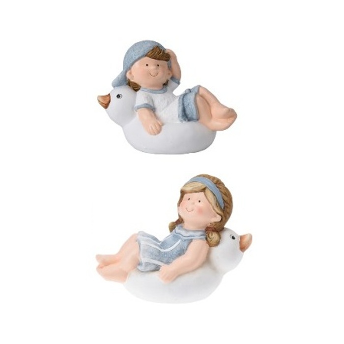 Dekorační figurky postav - Chlapec/dívka na huse z keramiky bílo-modrá mix 16cm