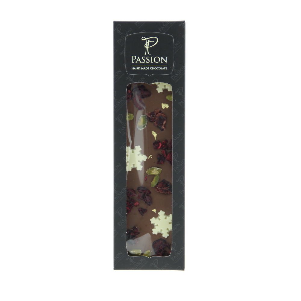 Čokoládové pochoutky - Čokoláda PASSION mléčná/bílá s třešní a pistácií Vánoce 100g