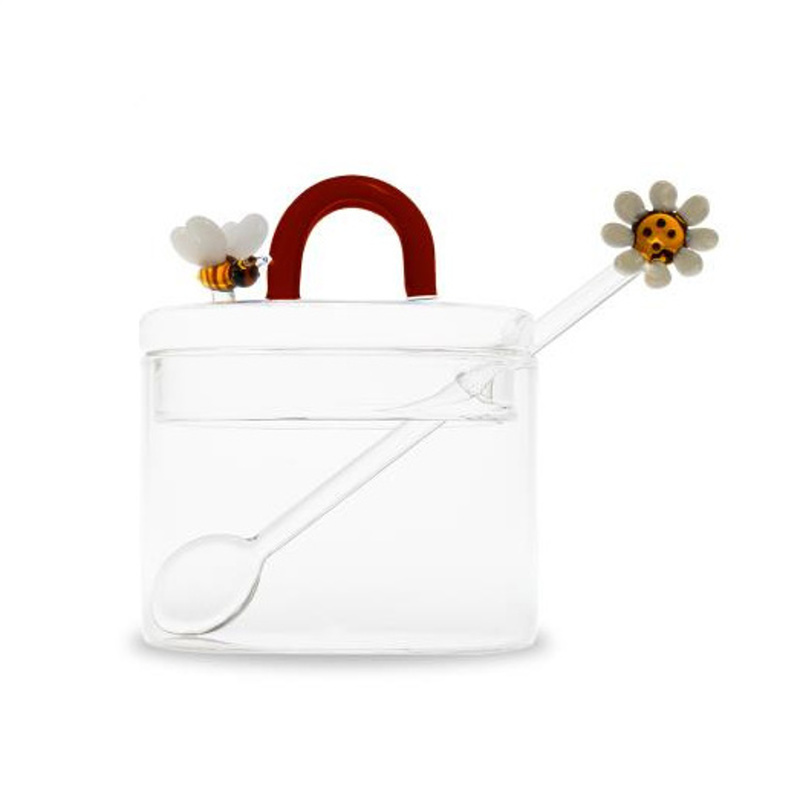 Kuchyňské dózy - Cukřenka s víčkem a lžičkou BEE & DAISY z borosilikátového skla 11cm