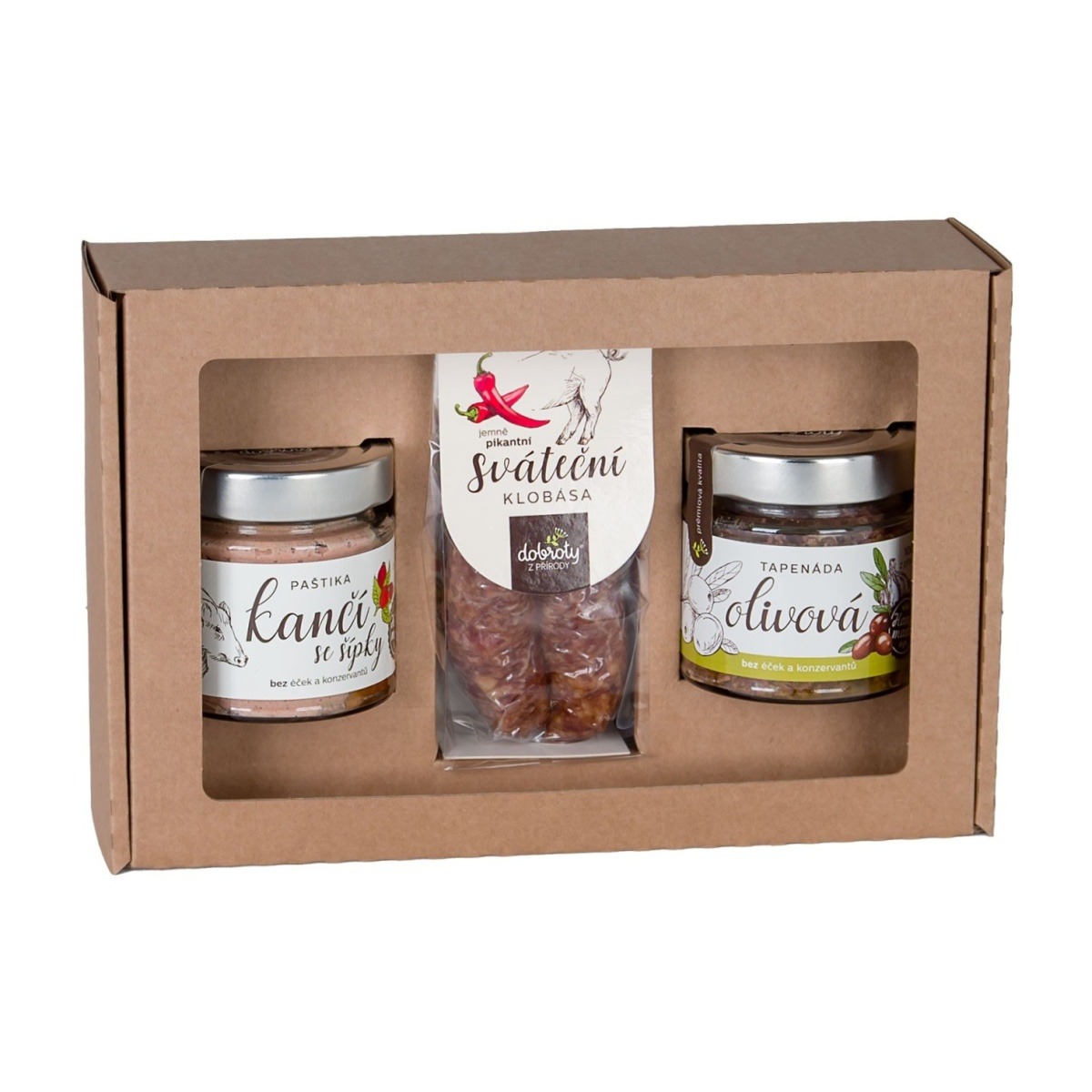 Masa a paštiky - Dárková sada kančí paštiky, vepřové kolbásy a olivové tepenády 3ks