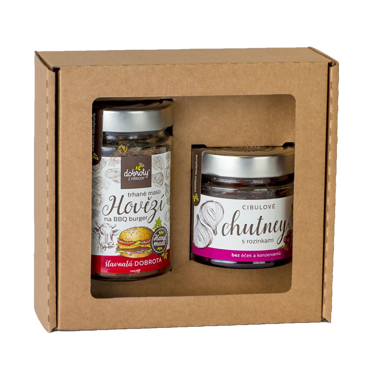 Masa a paštiky - Dárková sada trhaného hovězího masa a cibulového čatní 2ks