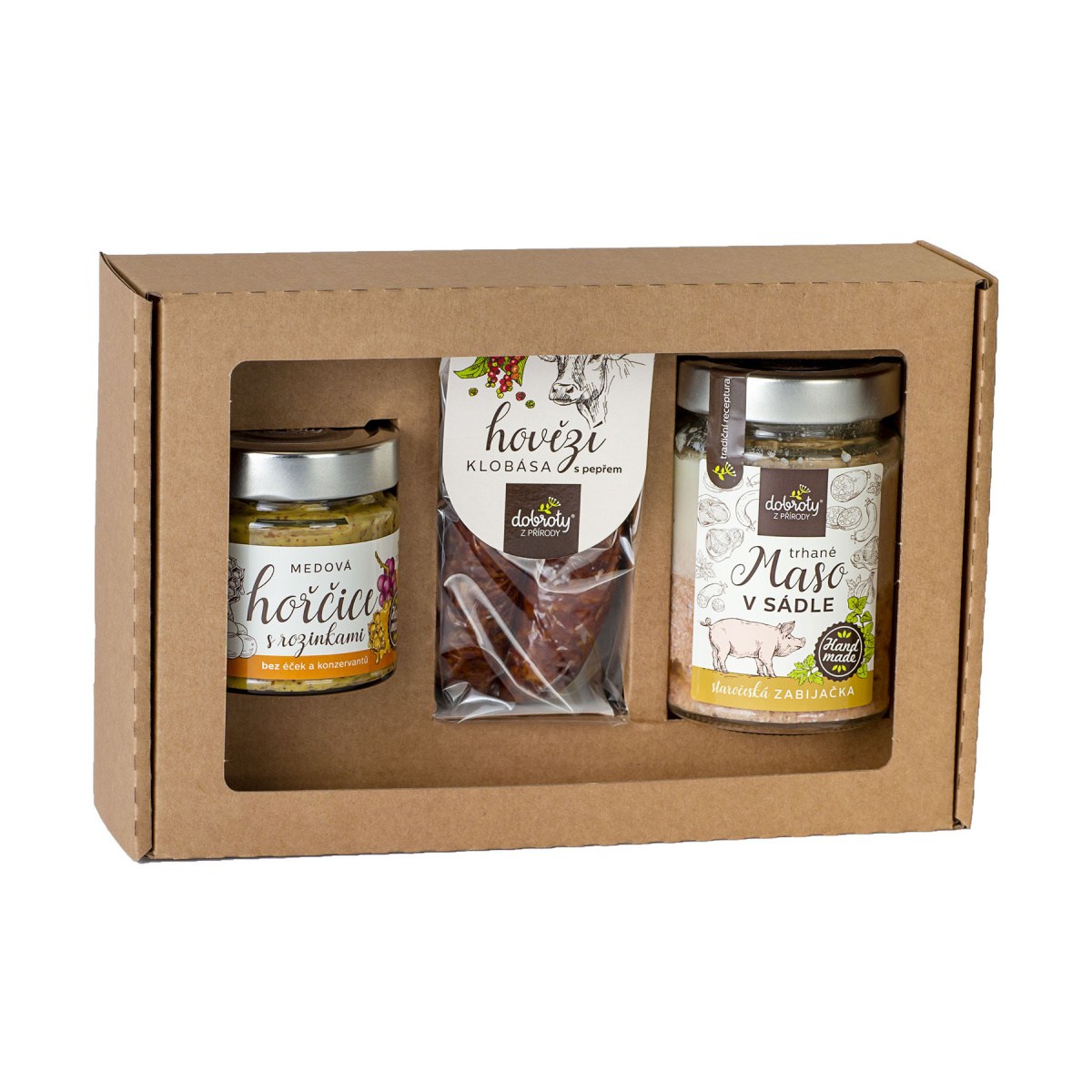 Masa a paštiky - Dárková sada vepřového masa v sádle, hovězí klobásy a medové hořčice 3ks