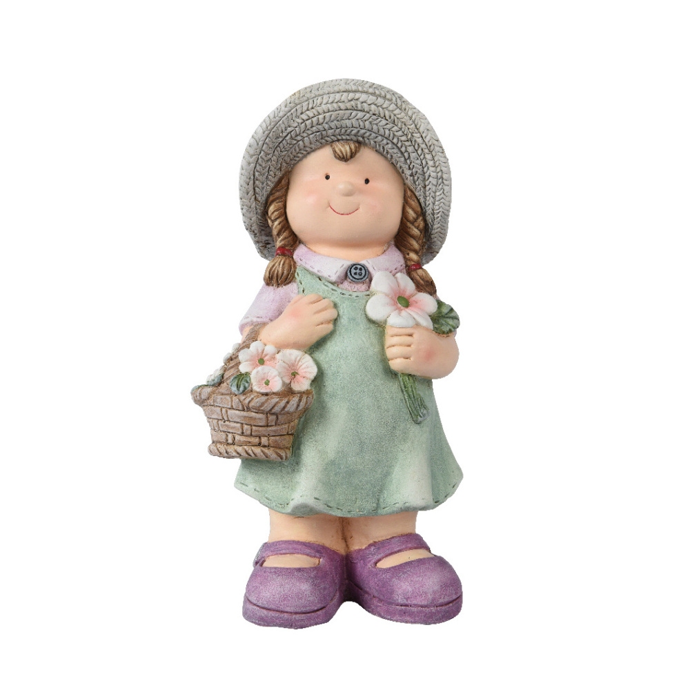Dekorační figurky postav - Dívka stojící s košíkem a květy z polymagnesia zeleno-fialová 39cm