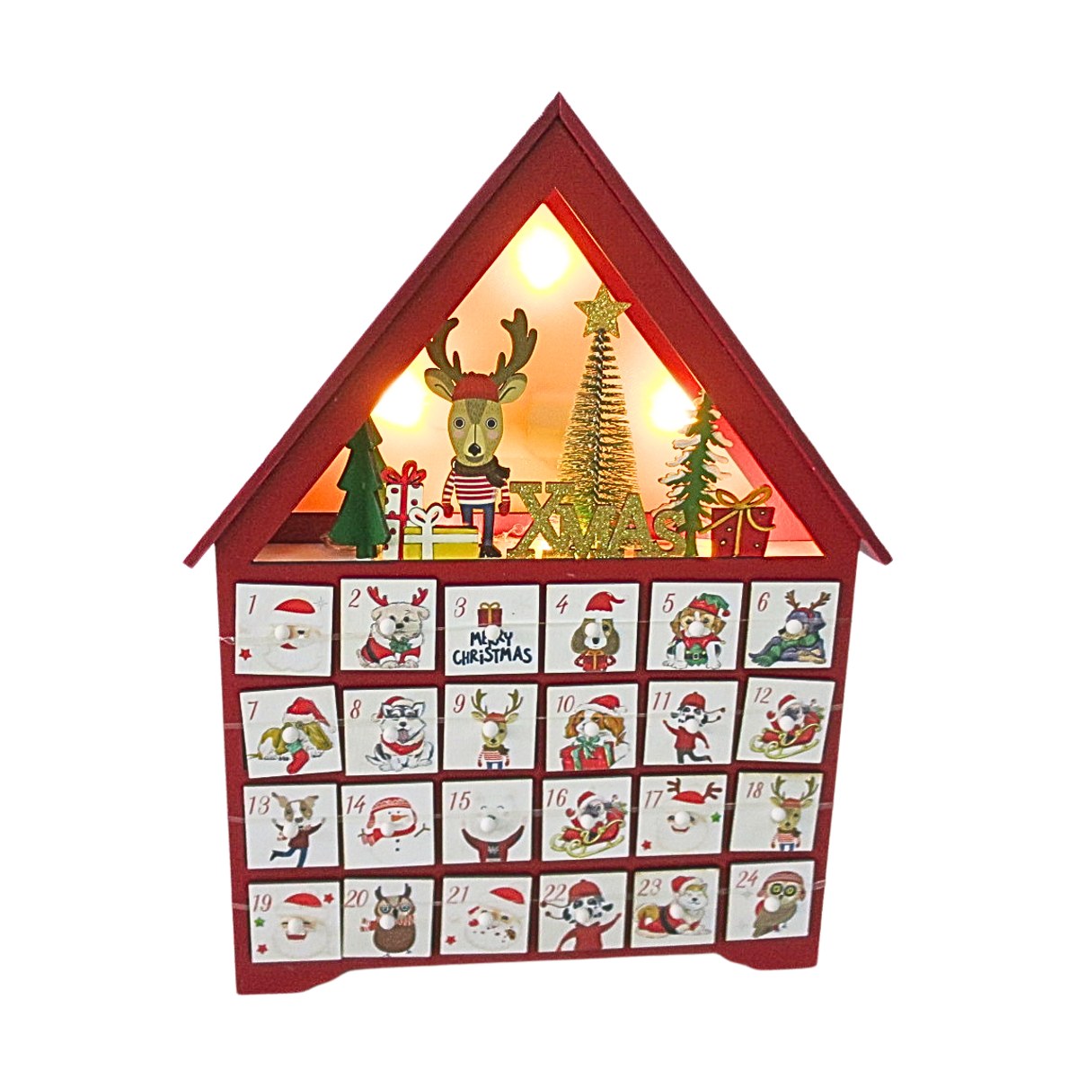 Interiérové svíticí dekorace - Domečkový adventní kalendář ze dřeva s LED, t.bílá bílo-červený 34cm