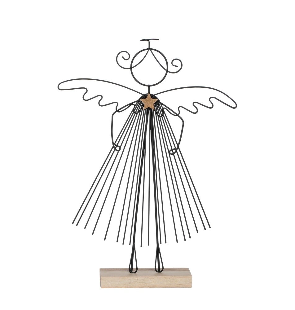 Drátěný anděl na dřevěném podstavci 33 cm – černo-přírodní