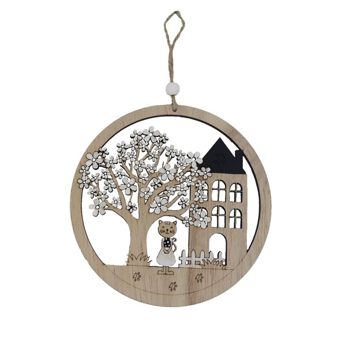 Dřevěné a proutěné dekorace - Dřevěná ozdoba kočka u kvetoucího stromu a domku 13,5cm