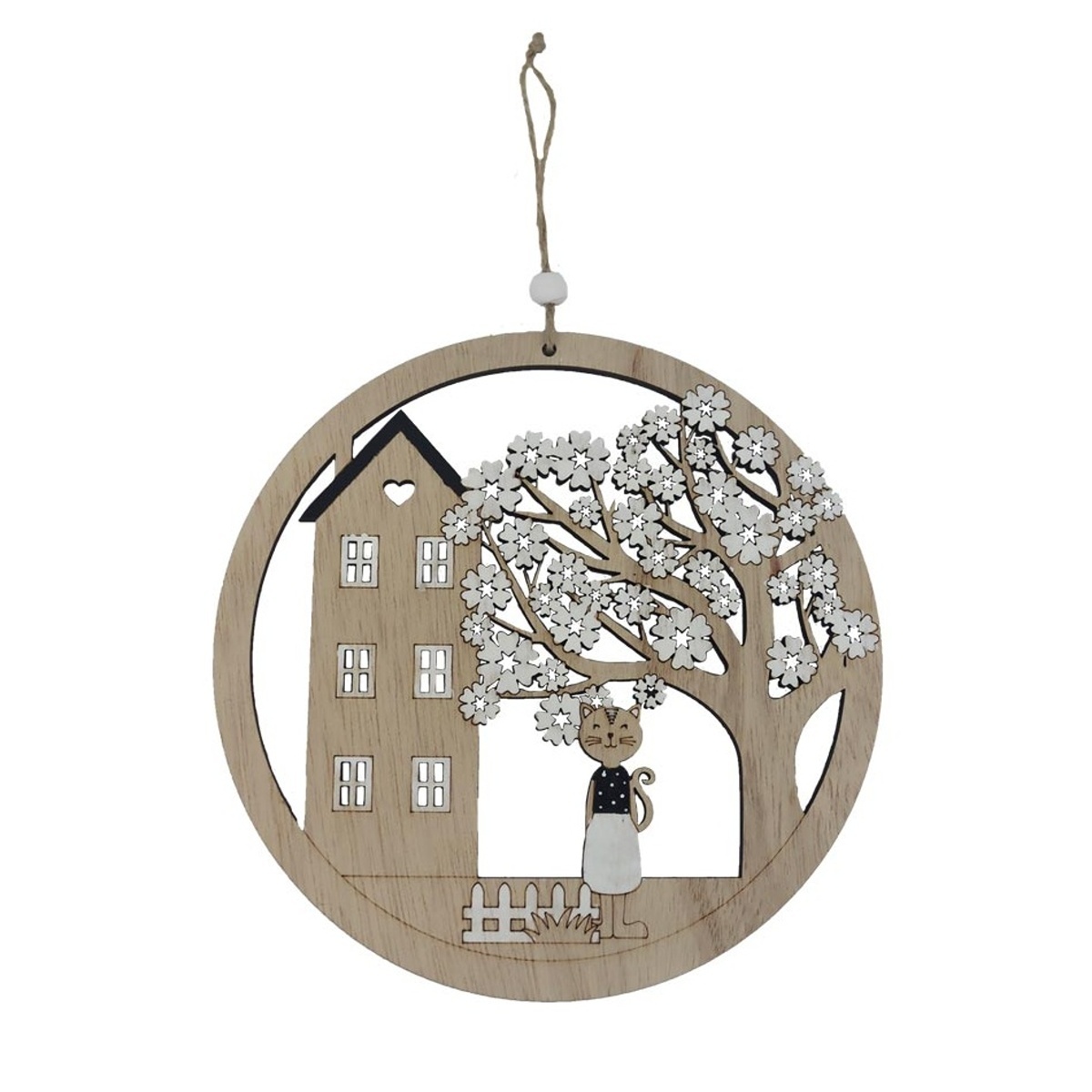 Dřevěné a proutěné dekorace - Dřevěná ozdoba kočka u kvetoucího stromu a domku 18cm