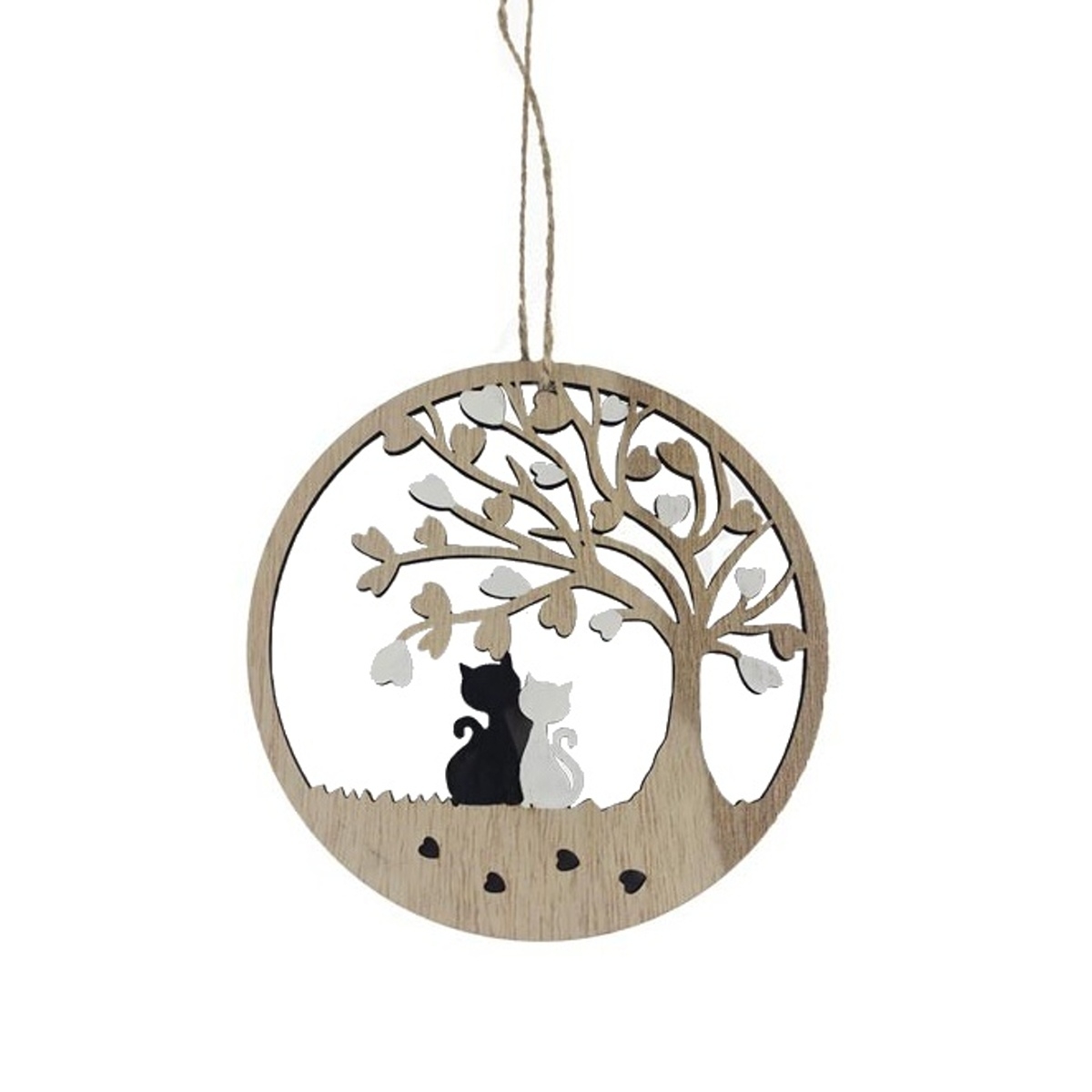Dřevěné a proutěné dekorace - Dřevěná ozdoba stromu se srdíčky a kočkami 10,5cm