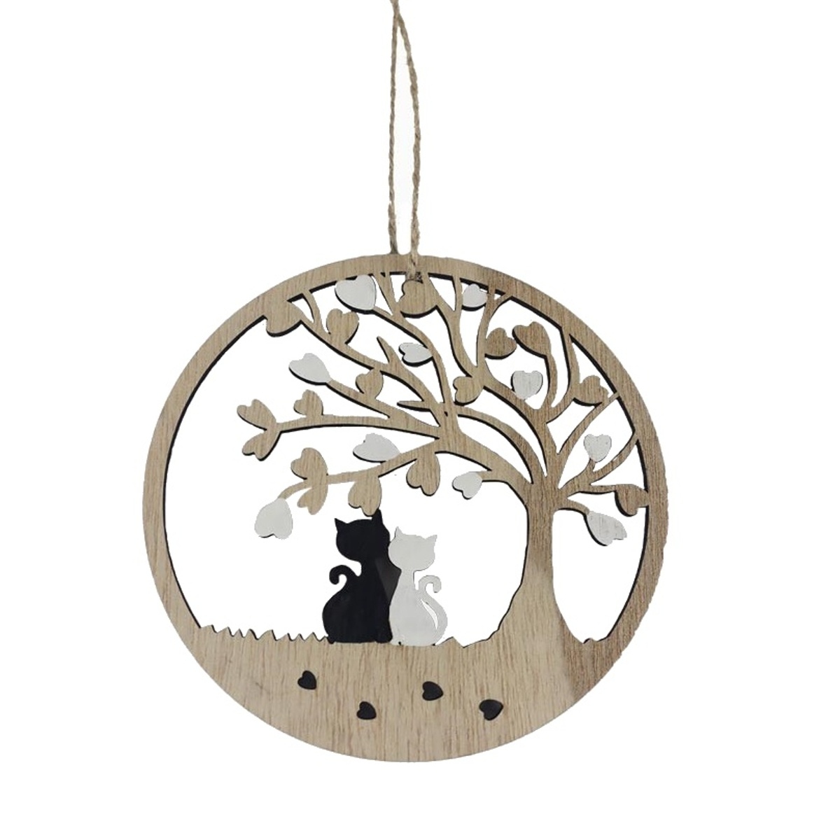 Dřevěné a proutěné dekorace - Dřevěná ozdoba stromu se srdíčky a kočkami 18cm