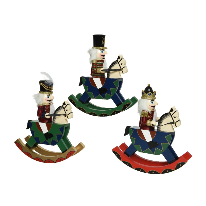 Vánoční figurky - Dřevěný louskáček na houpacím koni – 28 cm, mix variant