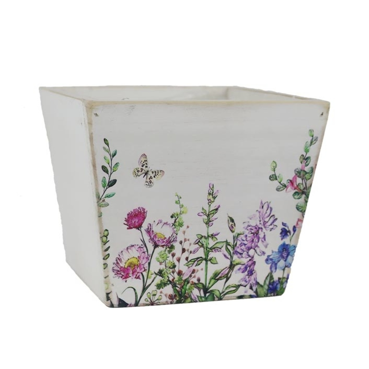 Proutěné a dřevěné obaly - Dřevěný obal na květináč hranatý s květy a igelitem 12x12cm