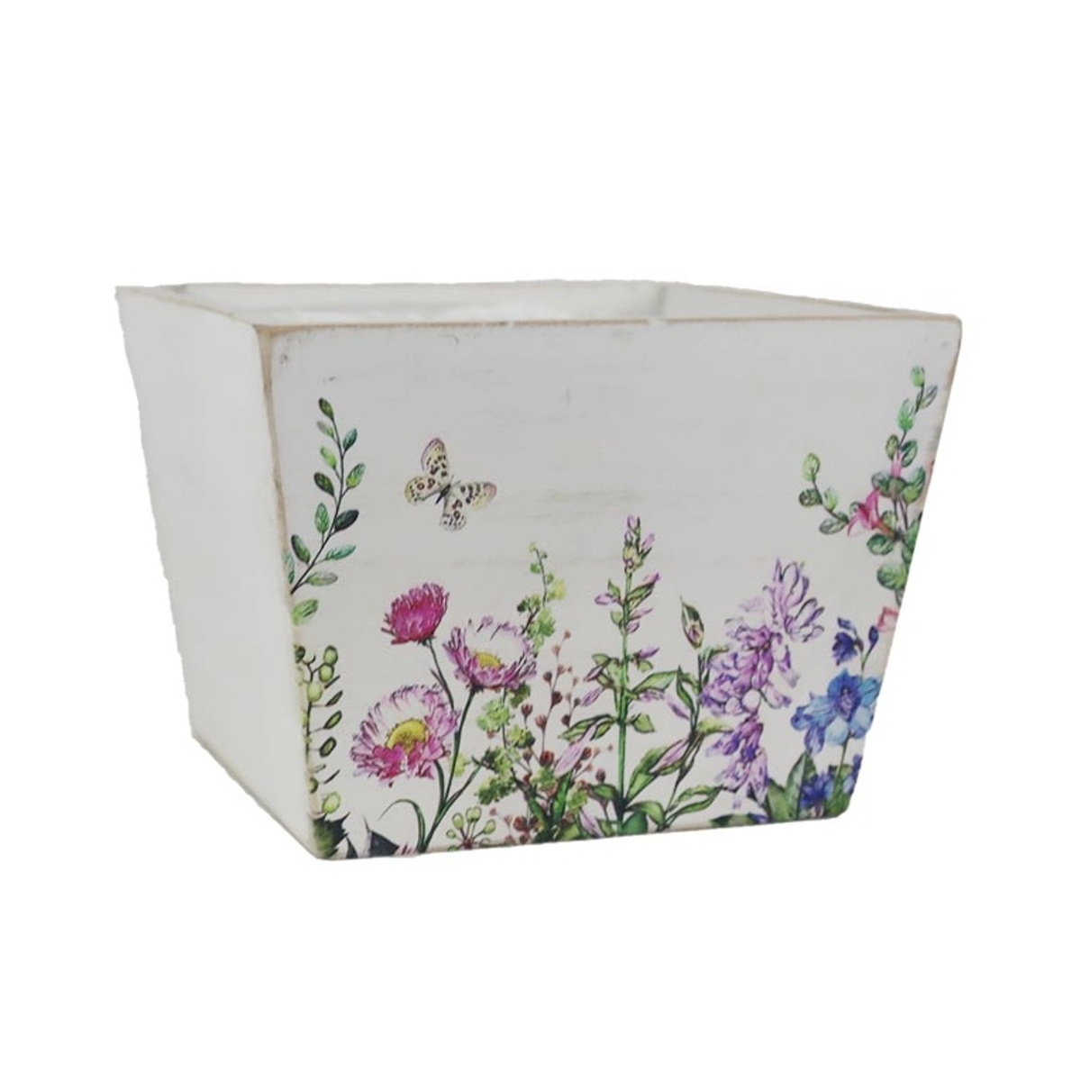 Proutěné a dřevěné obaly - Dřevěný obal na květináč hranatý s květy a igelitem 15x15cm