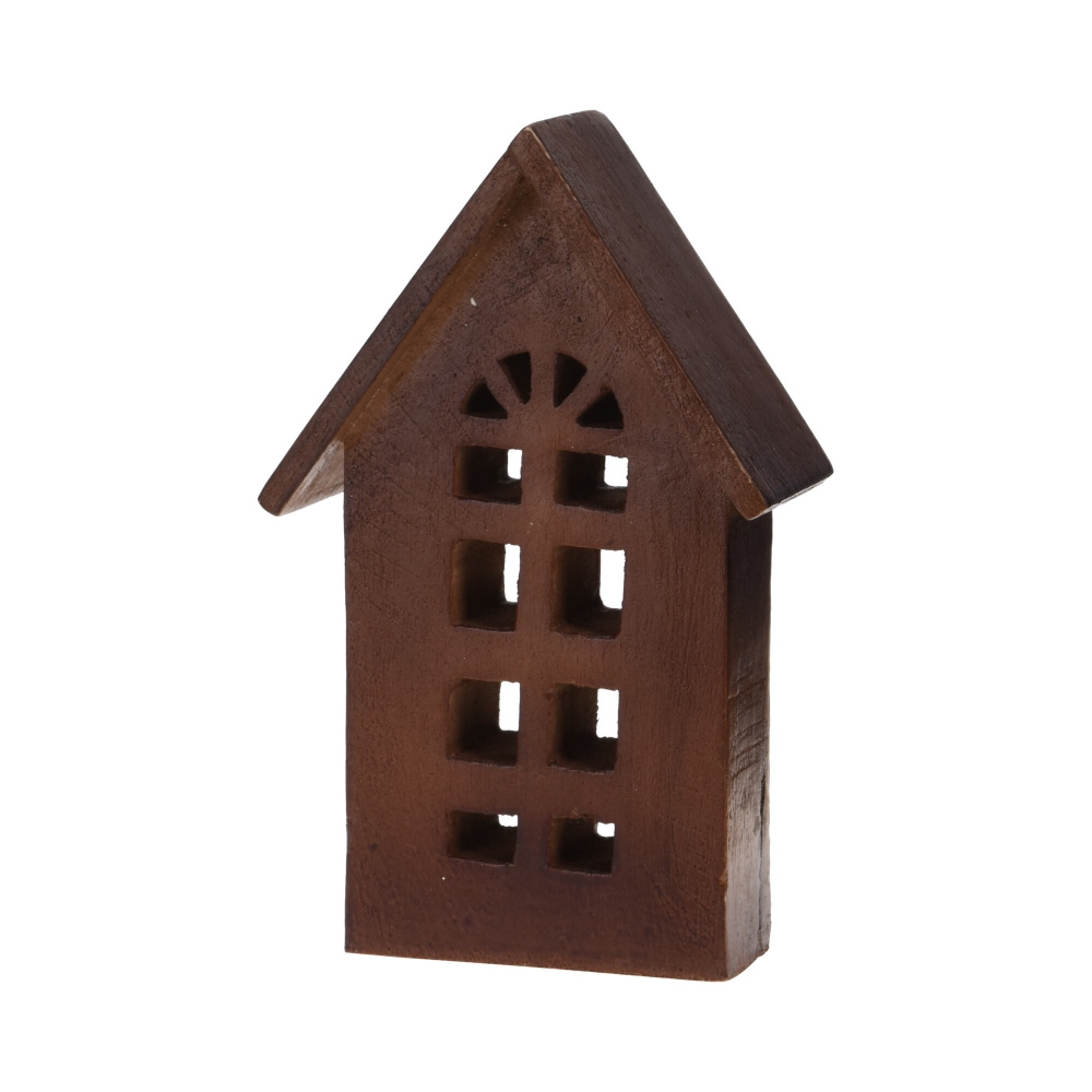 Dřevěné a proutěné dekorace - Dřevěný vyřezávaný dům s obloukovým oknem tm.hnědý 17,5cm