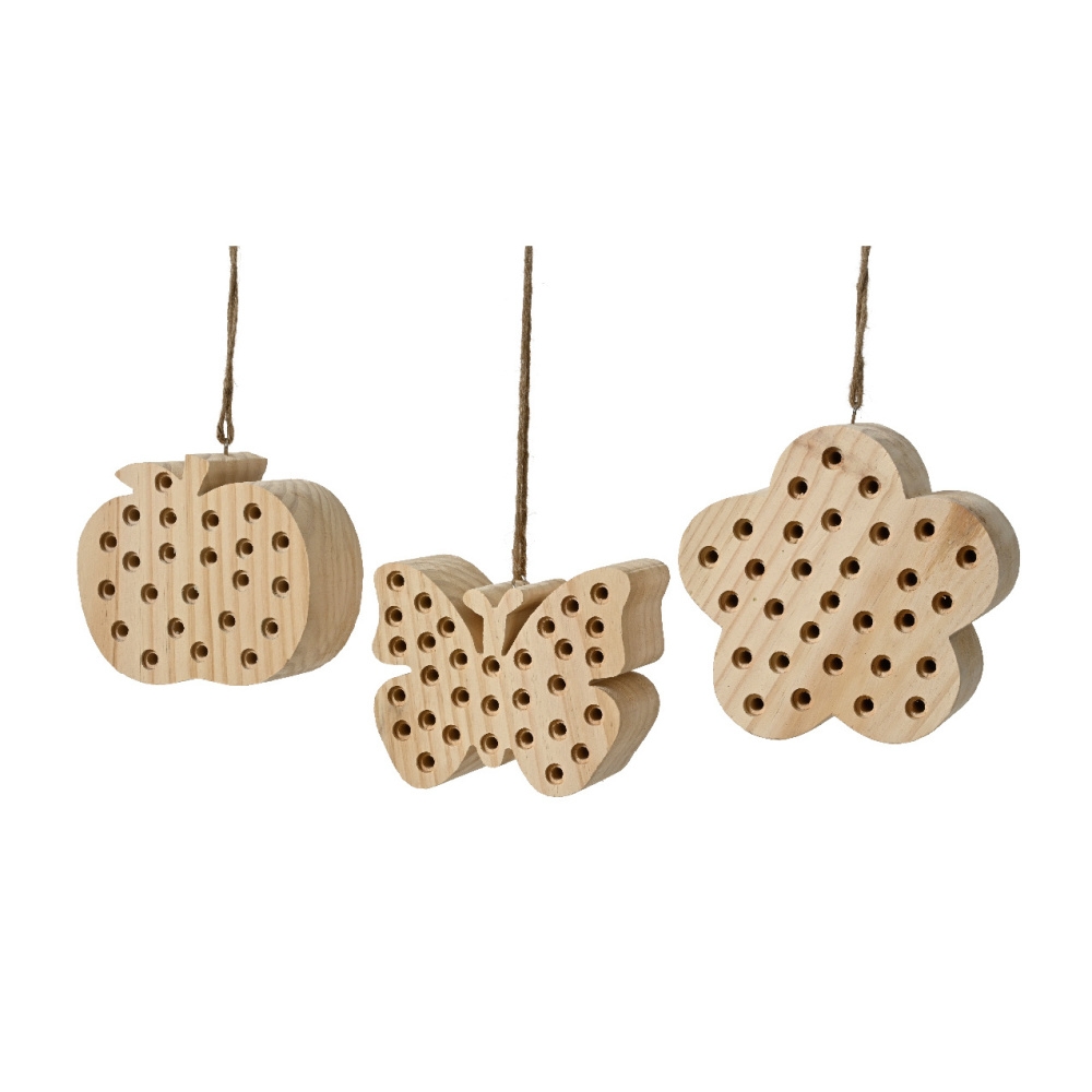 Krmítka, budky, domečky - Dům/hotel pro hmyz dřevěný - jablko/motýl/květ mix přírodní 15cm