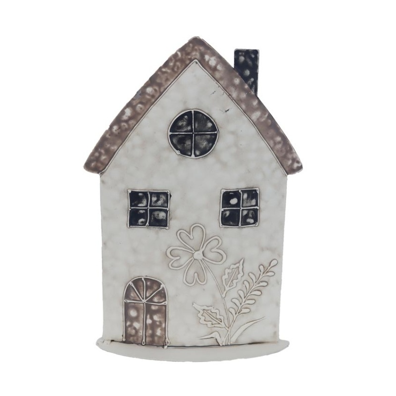 Kovové dekorace - Dům kovový s květinou hnědo-bilý 25cm