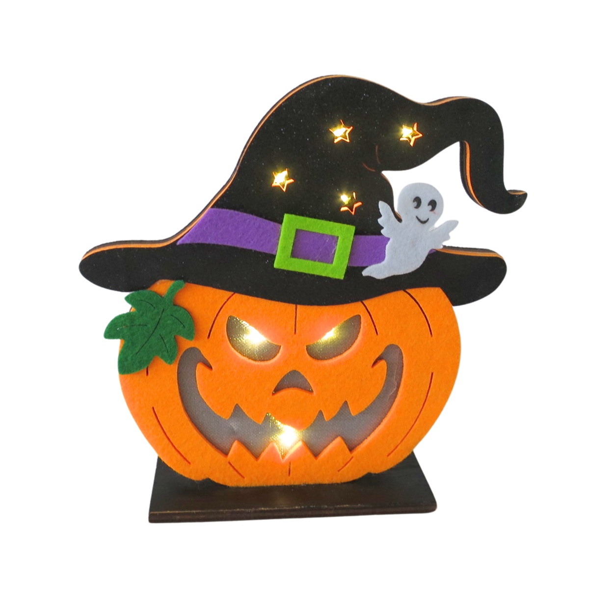 Halloween - Dýně s kloboukem plstěná na podstavci s LED, t.bílá 20cm