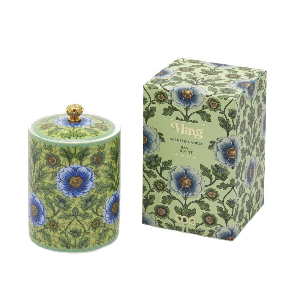 Svíčky vonné ve skle a jiném - EDG Svíčka vonná s poklopem v keramice MING Basil & Mint 14cm