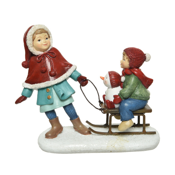 Figurka děti se sáňkami  polyresin 16,5cm