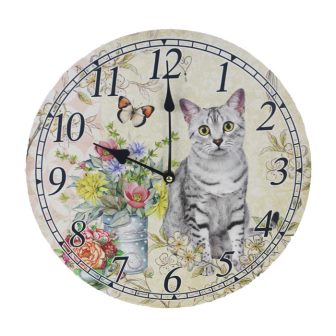 Hodiny a budíky - Hodiny nástěnné kulaté dekor kočka dřevo 33cm
