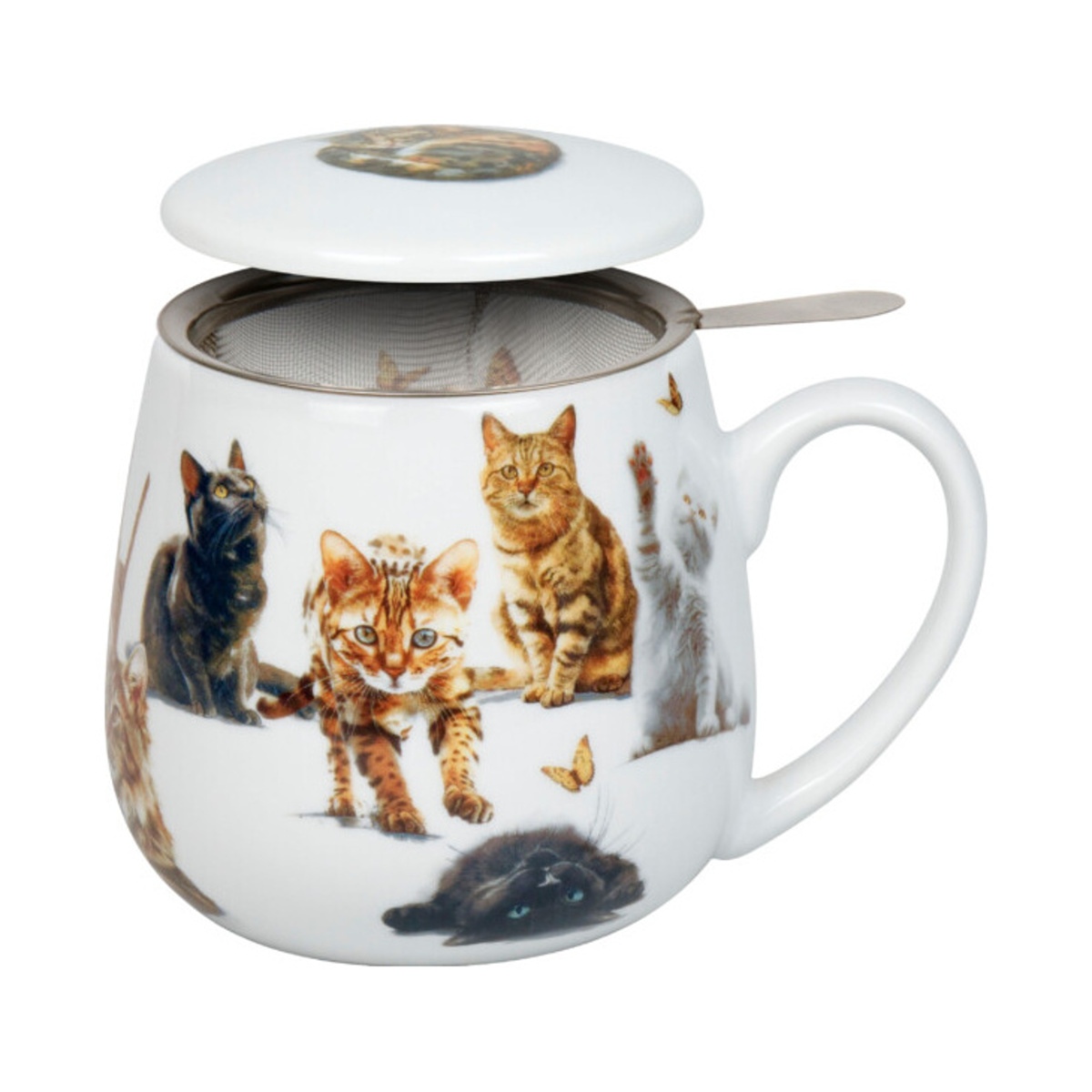 Hrnky a sklenice - Hrnek buclák porcelánnový se sítkem a víčkem KOČKY CHLUPATÉ TLAPKY 420ml