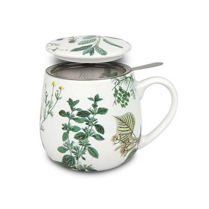 Hrnky a sklenice - Hrnek buclák porcelánový se sítkem a víčkem HERBS 420ml