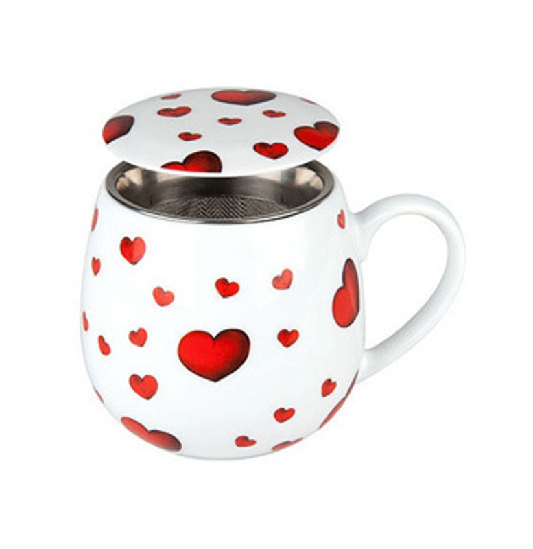 Hrnky a sklenice - Hrnek buclák porcelánový se sítkem a víčkem LITTLE HEARTS 420ml