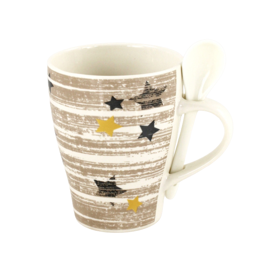 Hrnky a sklenice - Hrnek hnědý dekor hvězdy se lžičkou porcelán 10cm