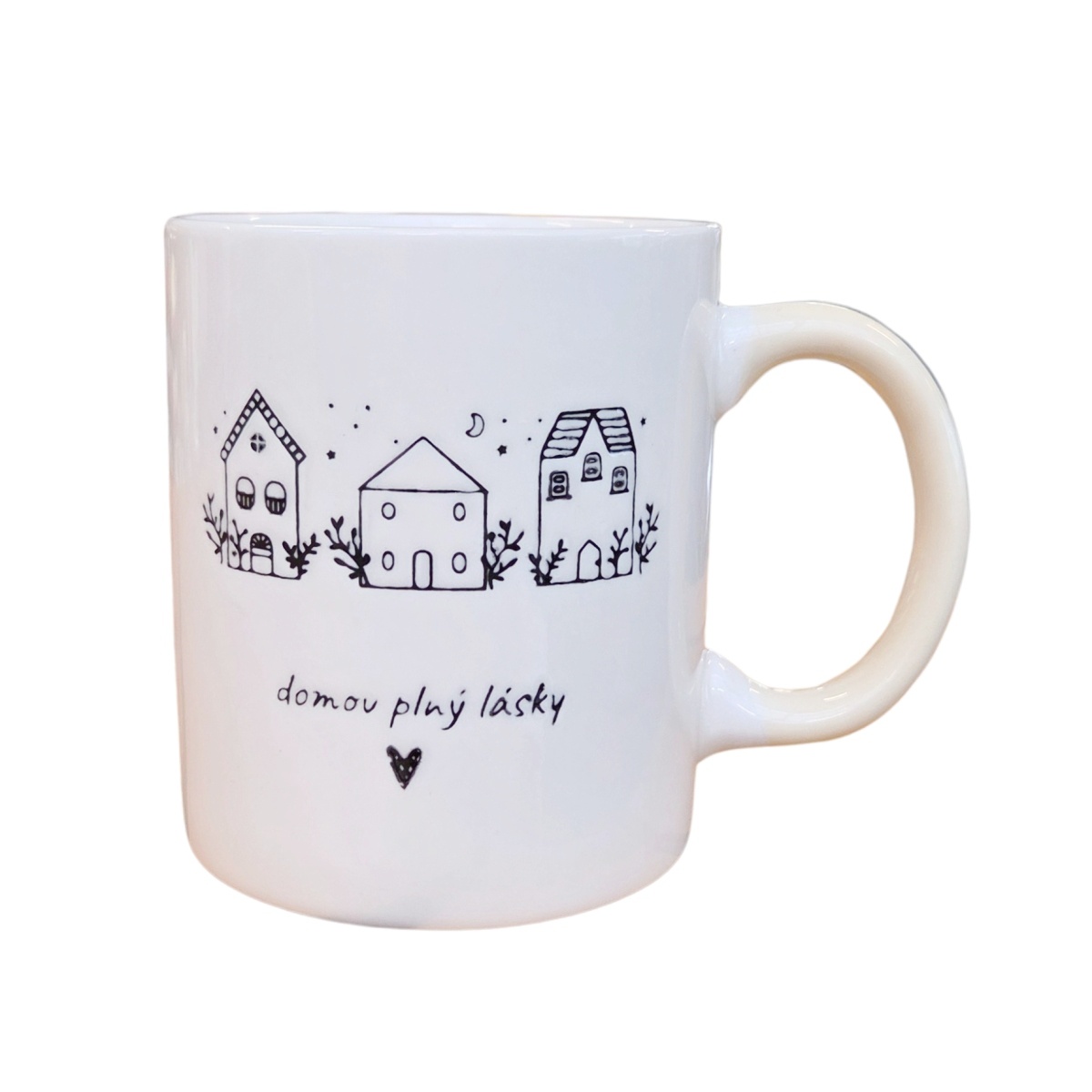 Hrnky a sklenice - Hrnek porcelánový DOMOV PLNÝ LÁSKY s domky béžovo-bílý