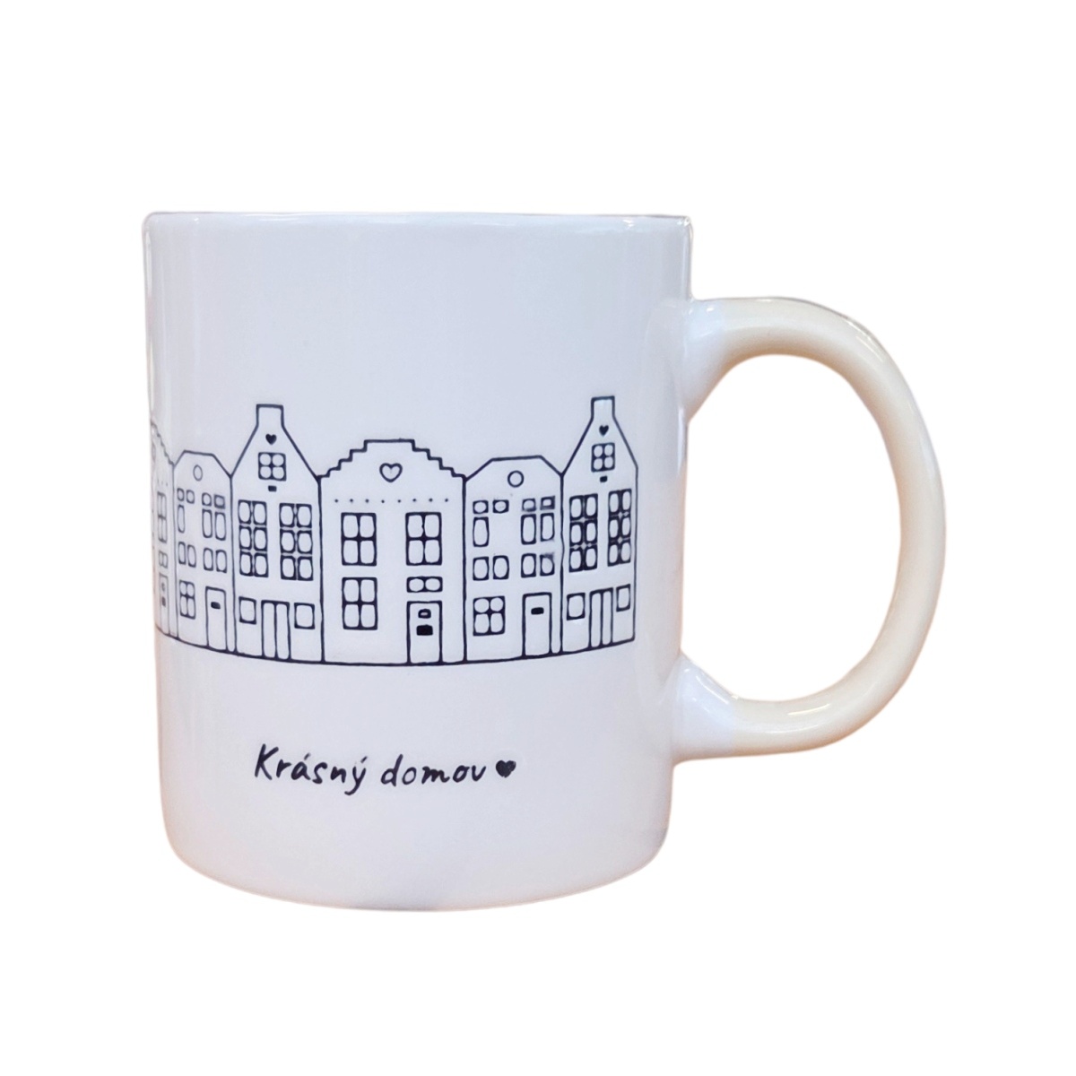 Hrnky a sklenice - Hrnek porcelánový KRÁSNÝ DOMOV s domky béžovo-bílý