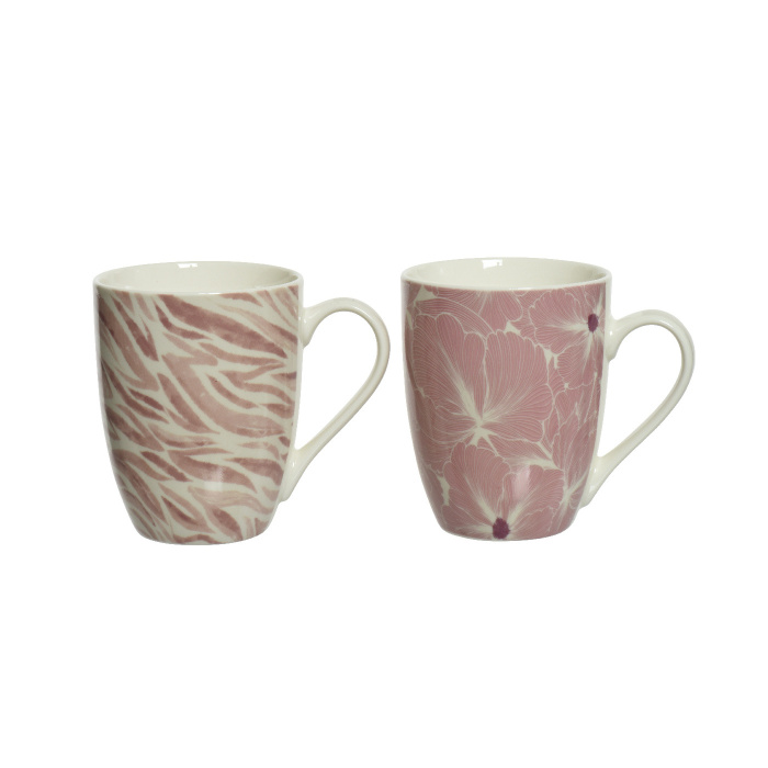 Hrnky a sklenice - Hrnek porcelánový s květy/pruhy bílo-růžový mix 10,5cm