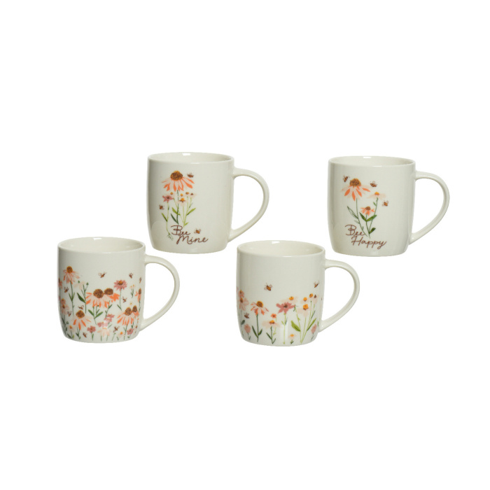 Hrnky a sklenice - Hrnek porcelánový s květy/včelkami bílý mix 9cm