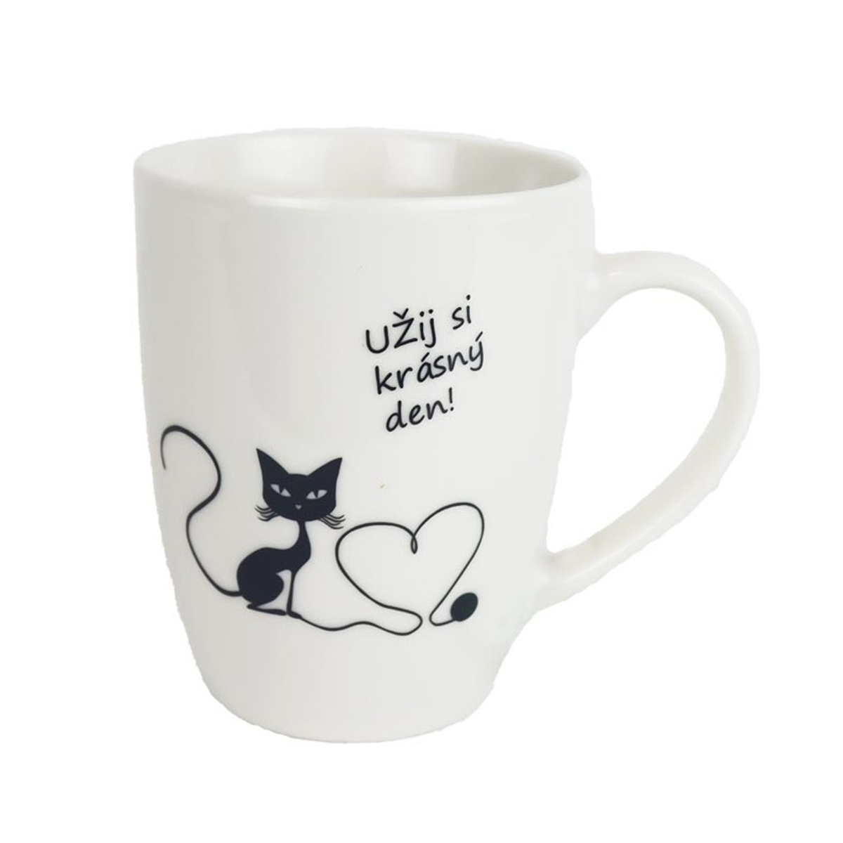 Hrnky a sklenice - Hrnek porcelánový s nápisem UŽIJ SI KRÁSNÝ DEN a kočkou 11cm