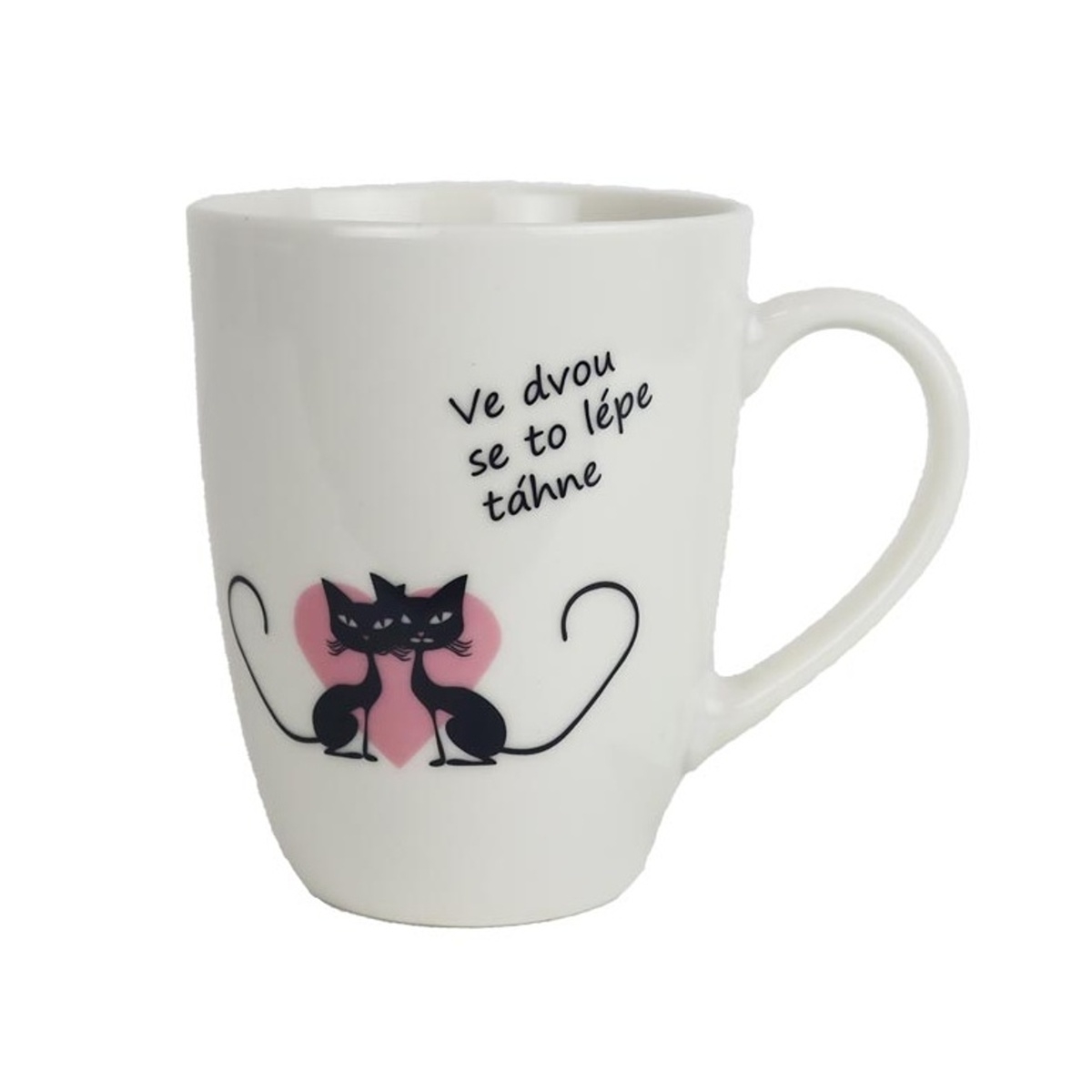 Hrnky a sklenice - Hrnek porcelánový s nápisem VE DVOU SE TO LÉPE TÁHNE a kočkou 11cm