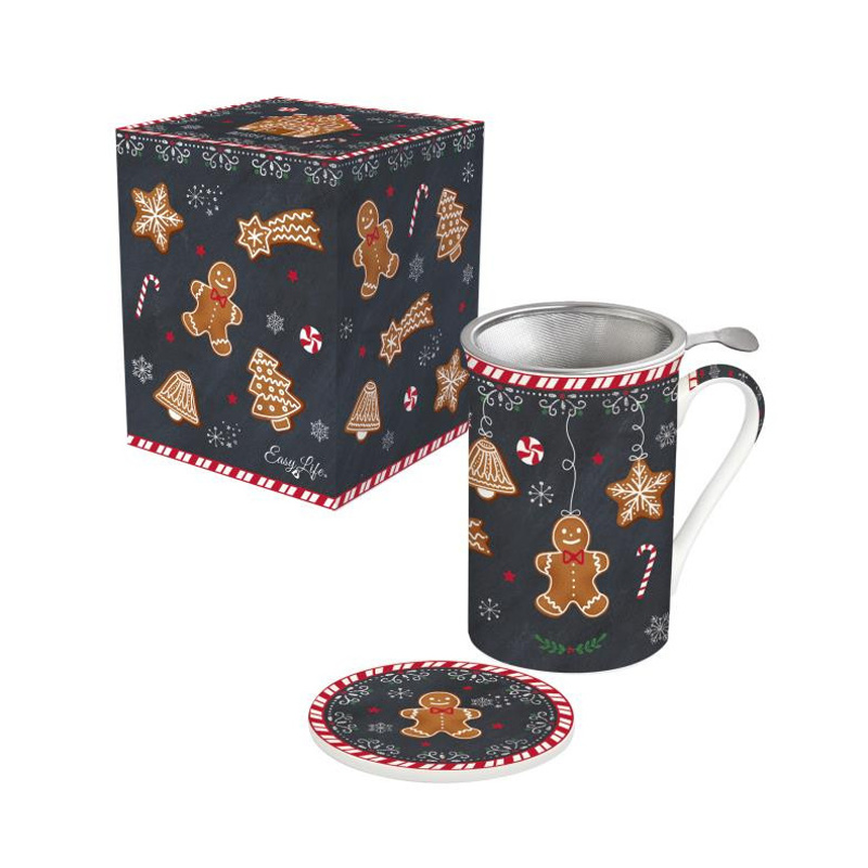 Hrnky a sklenice - Hrnek porcelánový se sítkem a víčkem GINGERBREAD černý 300ml