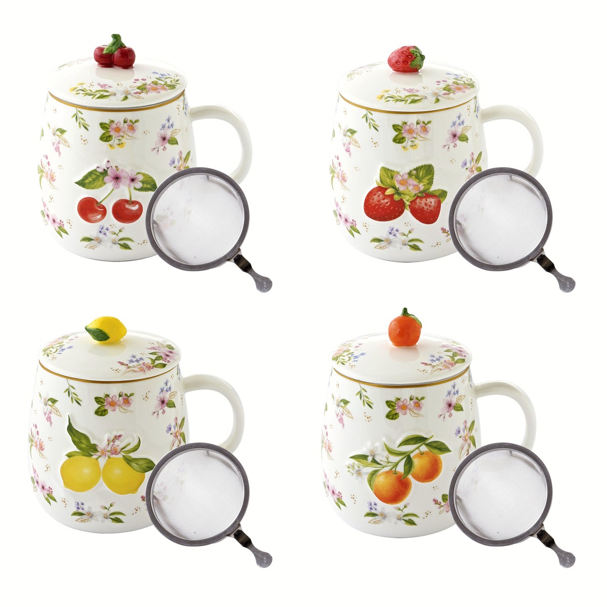 Hrnky a sklenice - Hrnek se sítkem a víčkem FANCY FRUIT z porcelánu mix 450ml