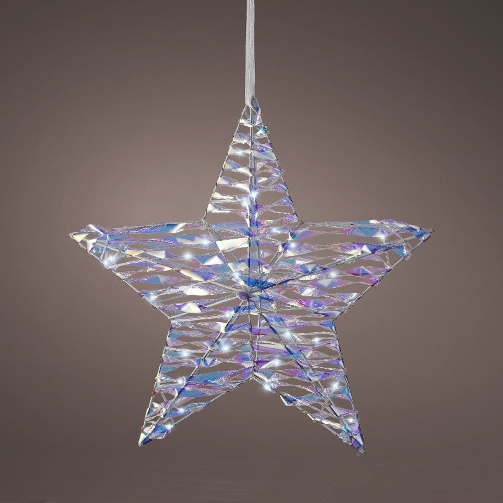 Interiérové svíticí dekorace - Hvězda závěsná plastová s 30microLED, st.bílá s časovačem na baterie, duhová čirá 38cm