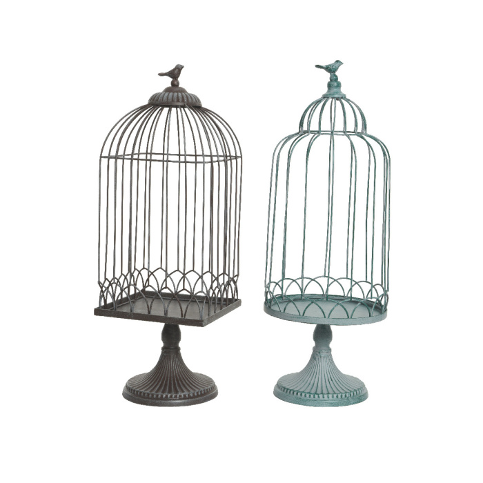 Kovové dekorace - Klec ptačí stojící kovová s ptáčkem hranatá/kulatá mix 61cm
