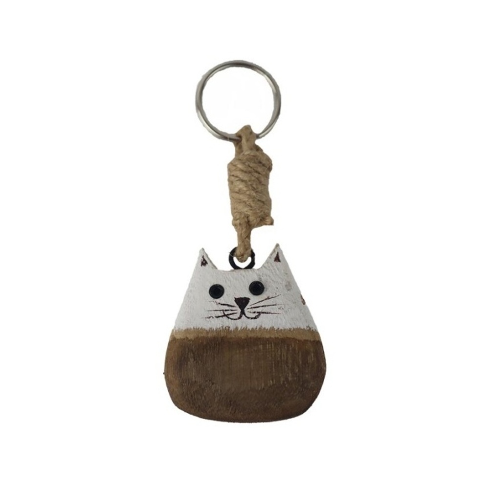 Drobné interiérové dekorace - Klíčenka dřevěná kočka bílo-hnědá 10cm