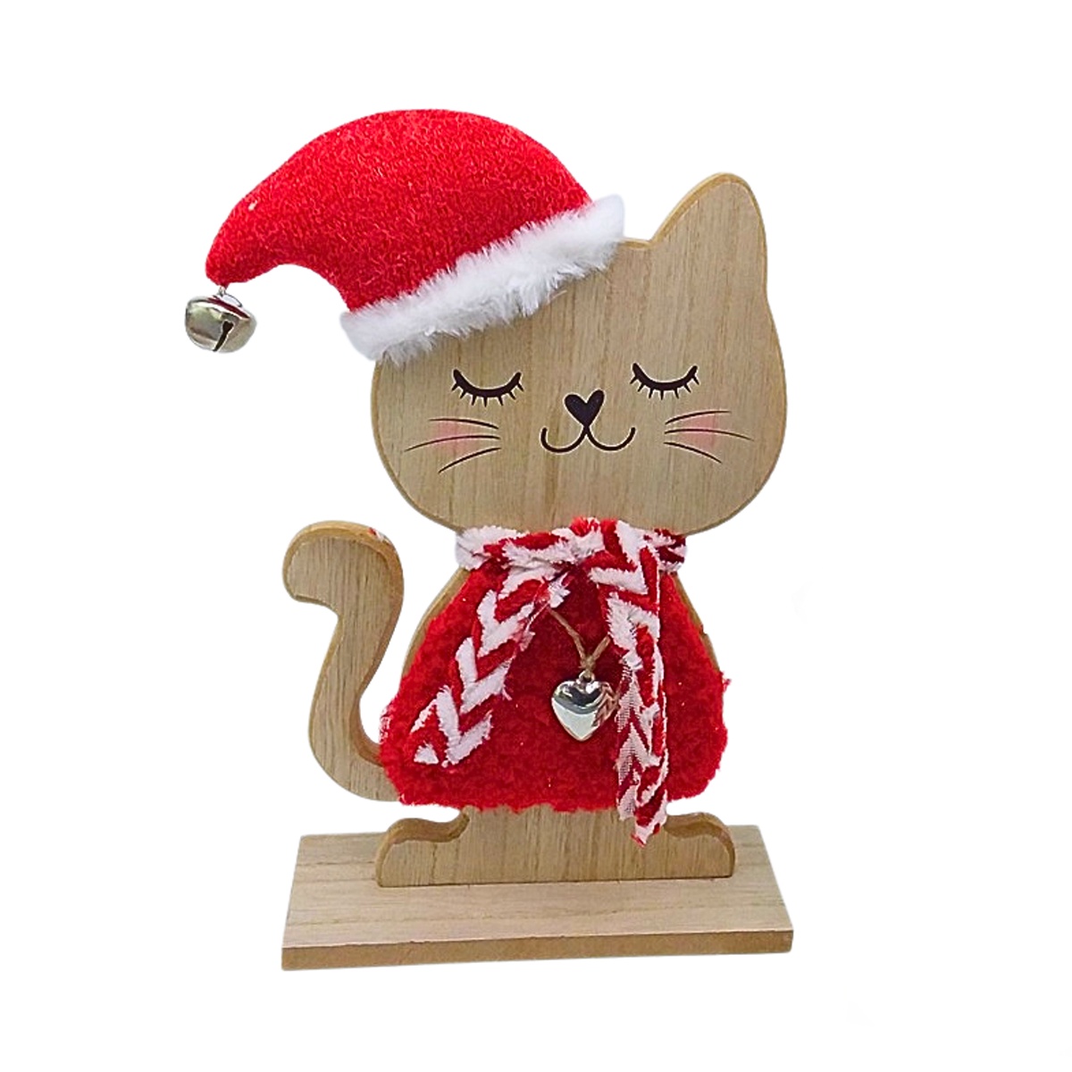 Figurky zvířátek - Kočka dřevěná s čepicí s rolničkou a červeným svetrem 20cm