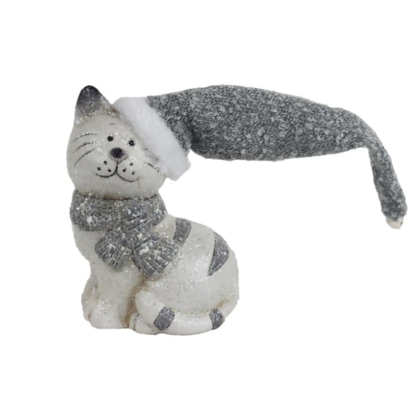 Figurky zvířátek - Kočka keramická s čepicí a šálou 13cm